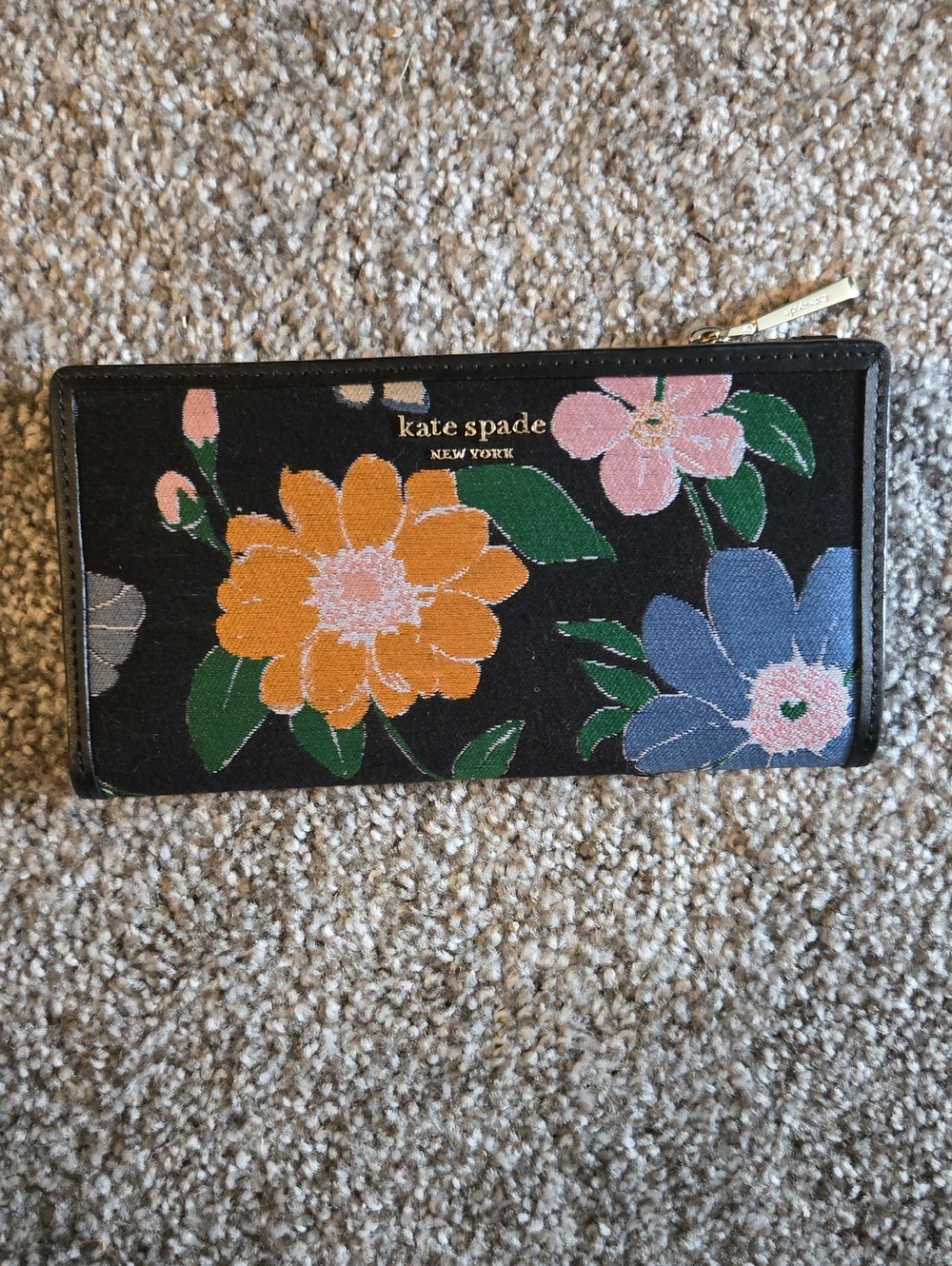kate spade Black Floral Zip Card Holder with Orange, Blue and Pink Flowers